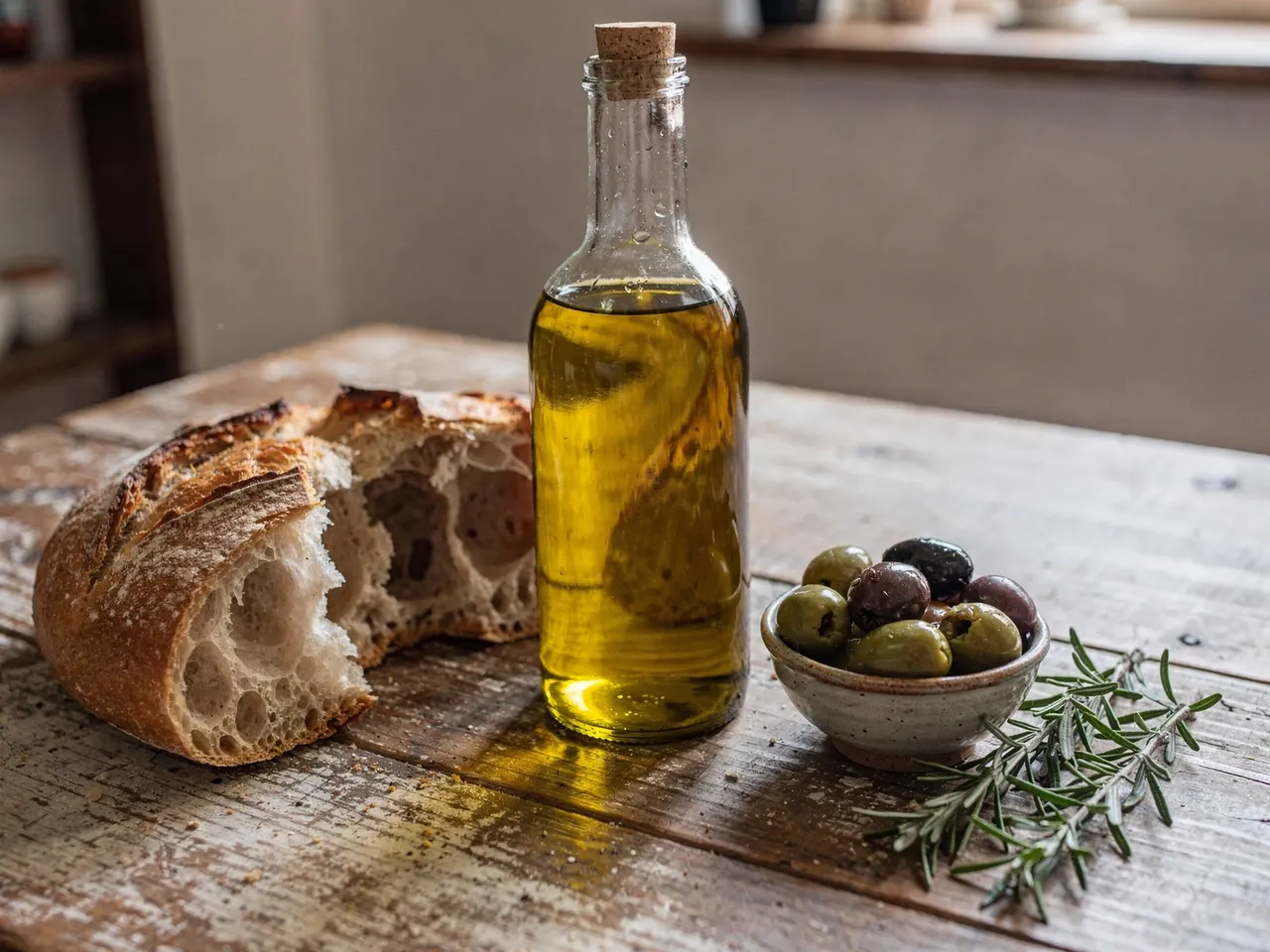 Bodegón en ambiente con una botella de aceite de oliva, pan y aceitunas